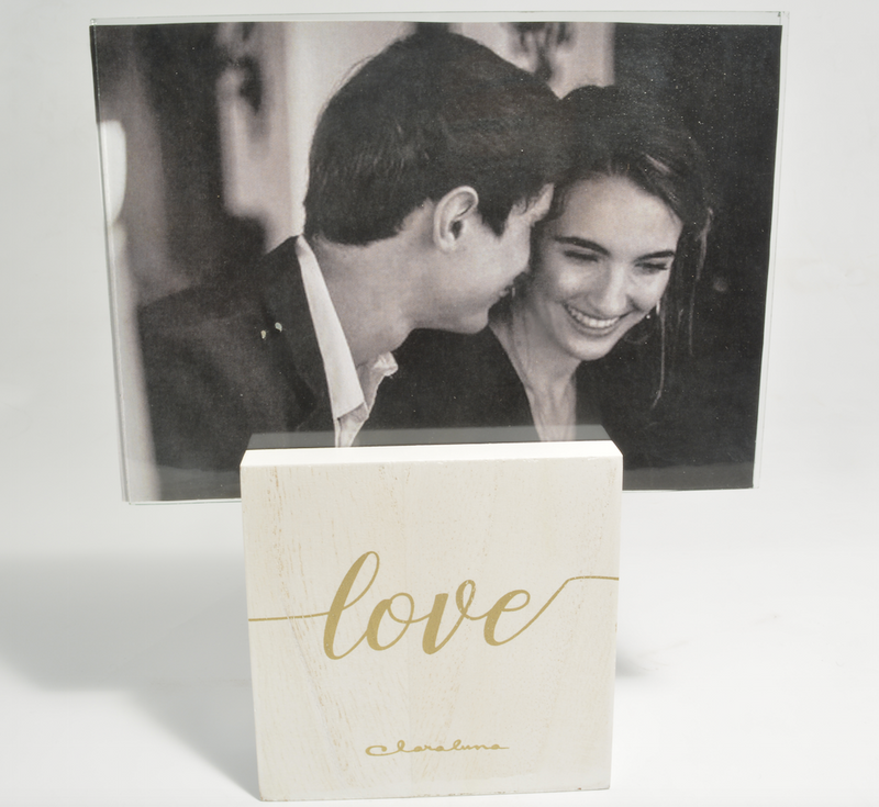 Bomboniera matrimonio Claraluna  Portafoto base legno bianco con scritta "Love" dorata, linea Gold Love, art. 20185 freeshipping - L'Egizia